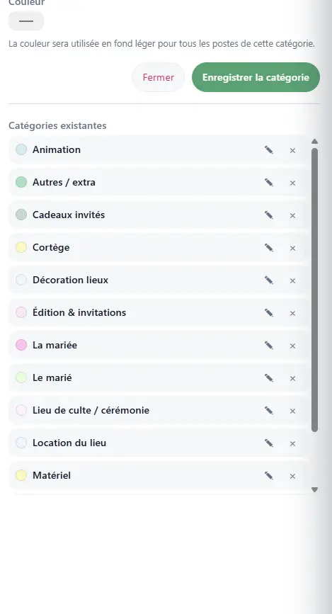 Dock bas du budget avec résumé des montants.
