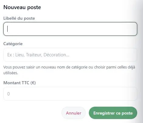Catégories de dépenses du mariage organisées par couleurs.