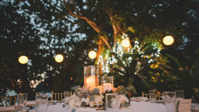 Mariage champêtre : décoration location et tendance - visuel d'une table de marié sur le thème décoration champêtre avec guirlande guiguette vue de nuit