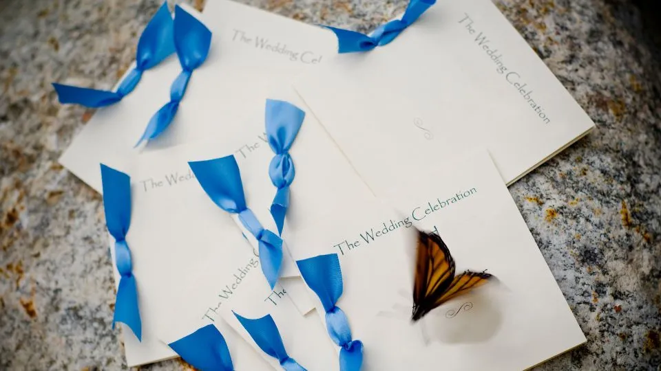 Laché de papillons cérémonie laique - Photo de cartons d'invitation de mariage avec noeud bleu et un papillon posé dessus