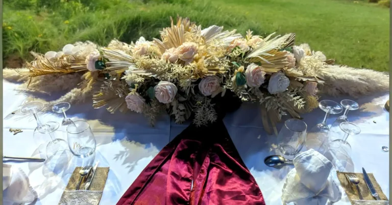 Centre de table de mariage en location - photo d'une table de mariage avec un centre de table en composition florale en fleurs fraîches et séches