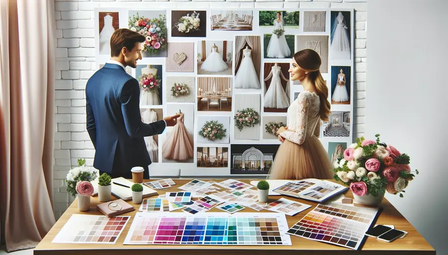 Une planche de mariage débordante de créativité avec une riche variété d'éléments de décoration en bleu et corail, des échantillons de tissu, et des accessoires de mariage, présentée sur une table en bois, suggérant l'assemblage d'un moodboard personnalisé.