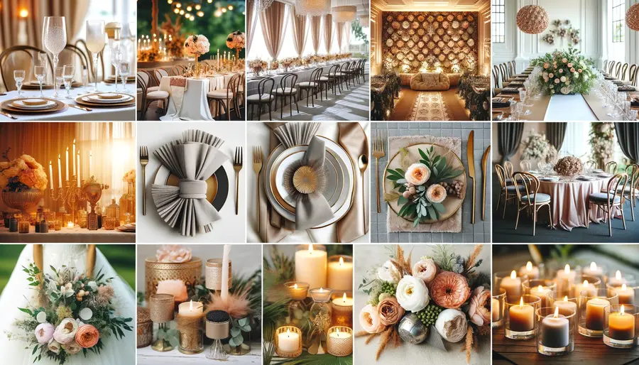 Un montage visuel montrant une collection harmonieuse de décors de table de mariage, avec une attention particulière aux détails de la décoration, des arrangements floraux aux bougies, représentant les dernières tendances de l'industrie du mariage.