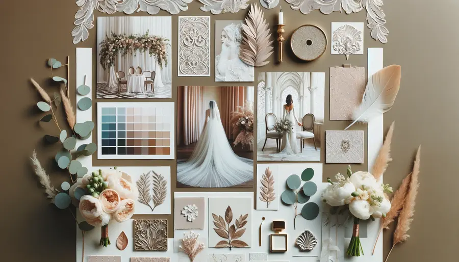 Un couple consulte un moodboard de mariage sophistiqué, composé de photos élégantes, d'échantillons de tissu, et de palettes de couleurs, épinglés sur un mur blanc, symbolisant la première étape dans la conceptualisation de leur mariage.