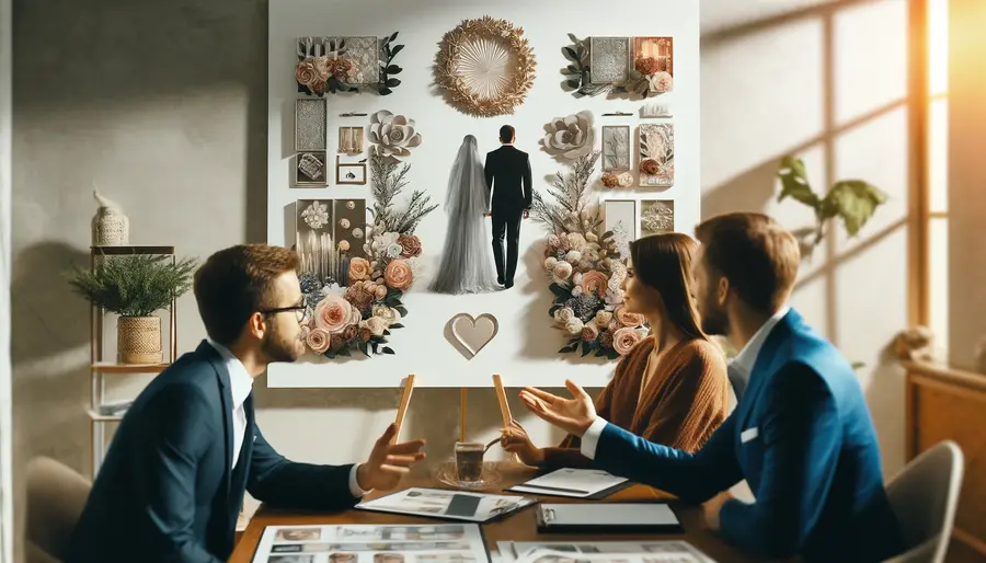 Un moodboard de mariage soigneusement organisé avec des images de mariée, des lieux de réception et des échantillons de design, illustrant l'utilisation d'un moodboard comme outil de communication entre un couple et leur wedding planner.