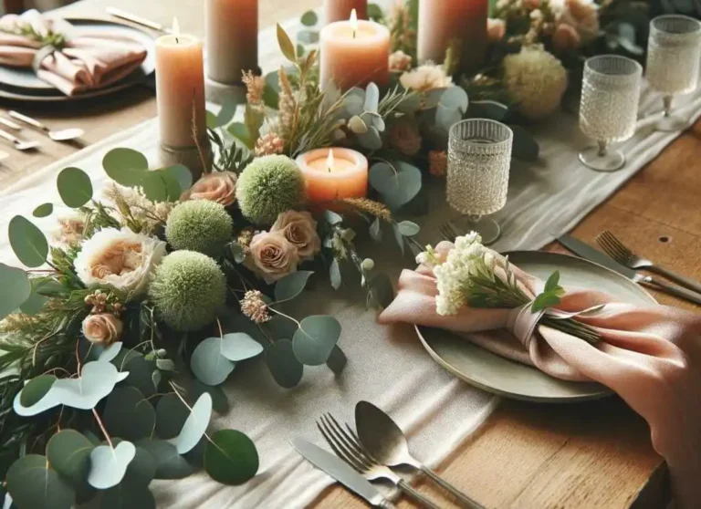 décoration mariage location : illustration d'une table au thème hy.gge avec des couleurs rose pâle et eucalyptus vert