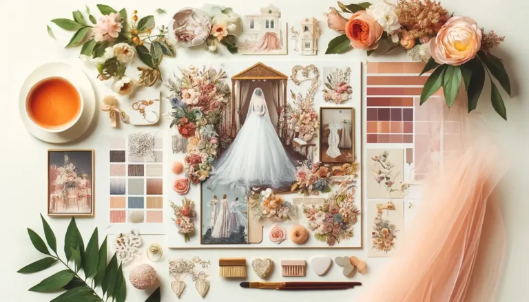 moodboard-de-mariage - Un moodboard de mariage délicatement composé présentant une harmonieuse combinaison d'éléments : palette de couleurs douces, arrangements floraux, inspirations pour le lieu, et détails décoratifs, capturant l'essence de la créativité et des détails de la planification de mariage.