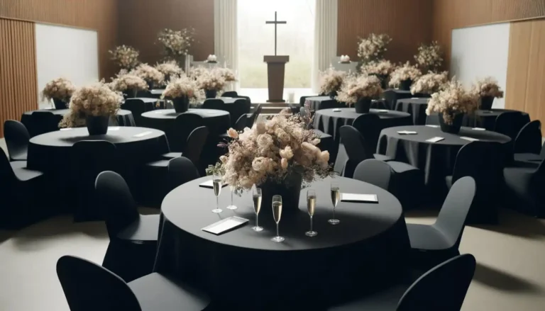 Décoration funérailles - Une ambiance de cocktail funéraire dans une salle sobrement décorée avec des tables hautes recouvertes de housses noires ajustées. La pièce contient un nombre réduit de compositions florales, ajoutant une touche discrète de couleur à l'environnement respectueux et célébratoire. Des flûtes à champagne sont élégamment disposées sur les tables, renforçant l'atmosphère solennelle mais festive de l'événement.
