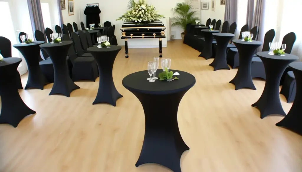 Une salle élégante pour un cocktail funéraire avec des tables hautes rondes (mange-debout) couvertes de housses en spandex noir ajustées qui descendent jusqu'aux pieds des tables, créant un effet drapé élégant. Les tables sont disposées dans un espace lumineux et minimaliste, chacune garnie de flûtes à champagne et de petites décorations florales discrètes, ajoutant une touche de raffinement. L'ambiance est sobre et respectueuse, appropriée pour un moment de commémoration.