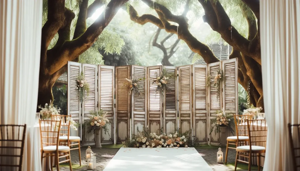 Location paravent mariage - Magnifique scène d'un hotel de cérémonie laique avec en arrière fond en guise de paravent des volet perciennés blanc vintage décoré de compositions florales