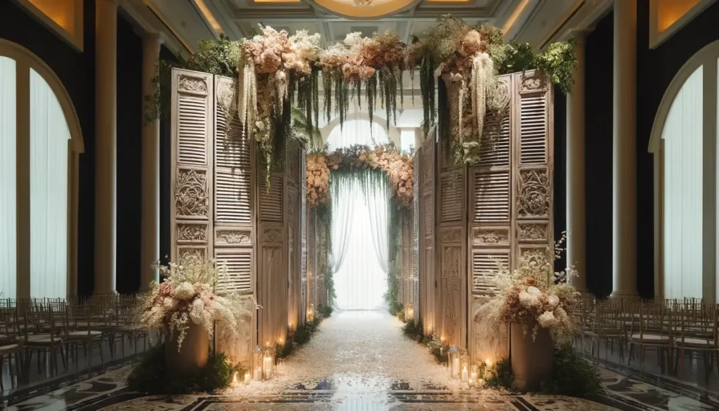 illustration d'une mise en scéne de chemin de mariés dans un église entre deux parvents merveilleusement décorés de tombé de compositions de fleurs sur des paravents en bois perciennés