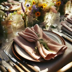 Une table de mariage rustique en extérieur mettant en valeur des serviettes en gaze de coton couleur terra cotta, soigneusement pliées sur des assiettes blanches vintage. Les couverts en bois et les verres style bocal mason accentuent le charme champêtre. La table est décorée de fleurs sauvages aux teintes de jaune, violet et vert, offrant une atmosphère naturelle et charmante. L'environnement verdoyant et le soleil filtrant à travers les arbres créent un jeu de lumière moucheté sur la table.