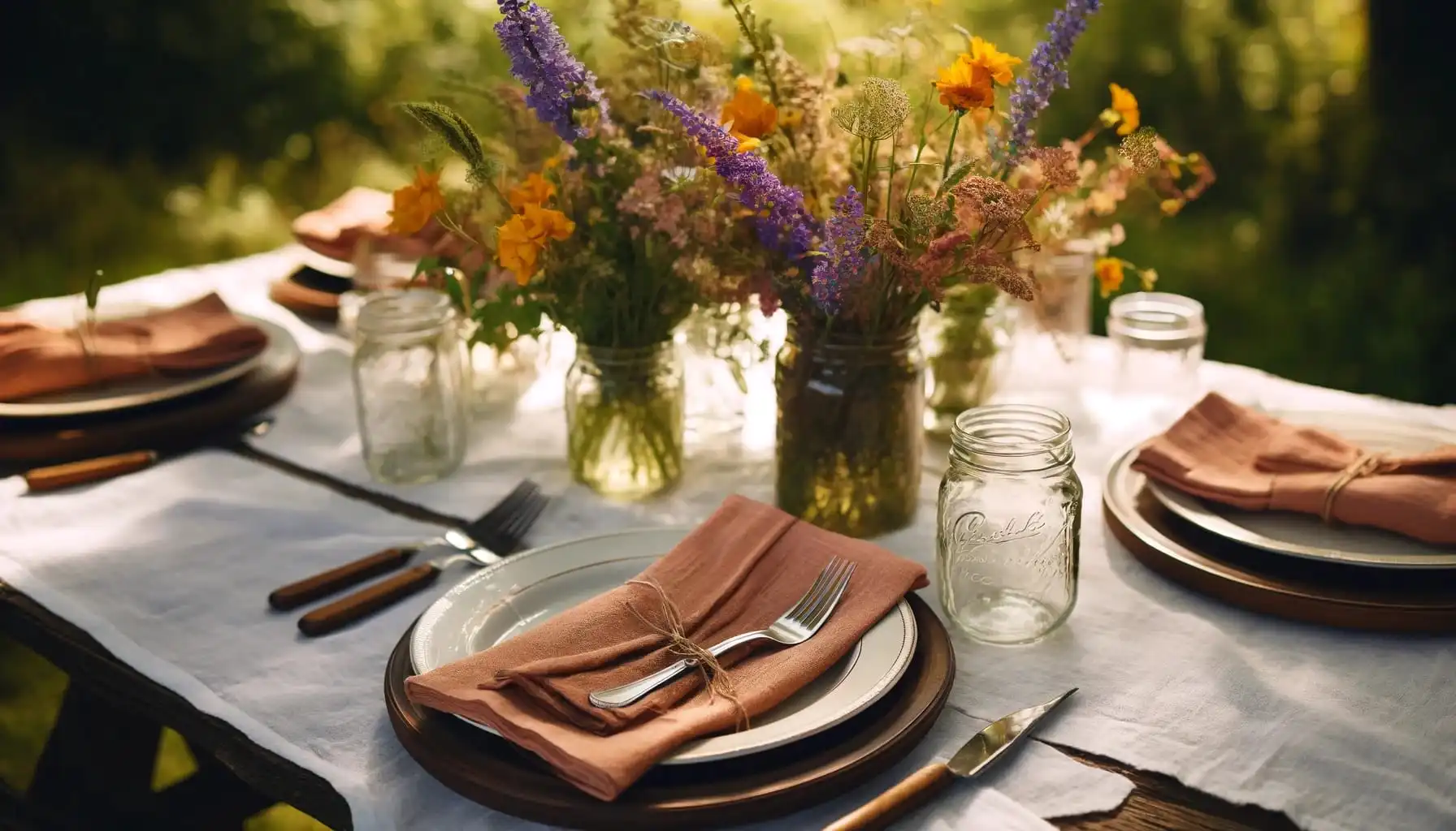 Serviettes gaze de coton - Photo en format paysage d'une table de mariage rustique, accentuant les serviettes en gaze de coton de couleur terra cotta disposées sur des assiettes blanches vintage. Les couverts en bois et les verres en forme de bocal mason ajoutent une touche champêtre. La table est décorée de fleurs sauvages jaunes, violettes et vertes, offrant un cadre naturel et accueillant. L'ambiance est extérieure, avec de la verdure et la lumière du soleil qui filtre à travers les arbres, projetant des lumières mouchetées sur la table.