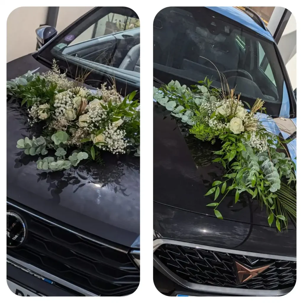 Décoration de capot de voiture pour mariage dans le var - Décoration florale de voiture de mariage composée de roses blanches, de gypsophiles et de feuillage vert, disposée sur le capot d'une voiture noire. Le bouquet est élégamment arrangé pour ajouter une touche de charme et de beauté au véhicule nuptial, parfait pour une cérémonie de mariage.
