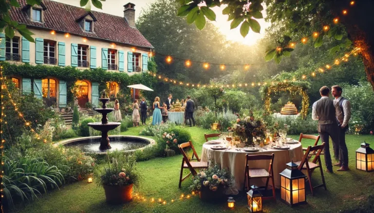 Un mariage intime dans le jardin d'une charmante propriété. L'image montre une scène pittoresque avec des tables décorées de fleurs, des guirlandes lumineuses suspendues à travers le jardin, et une petite fontaine en arrière-plan. Le cadre est chaleureux et romantique, entouré de verdure luxuriante et de fleurs en pleine floraison, créant une ambiance élégante et conviviale.