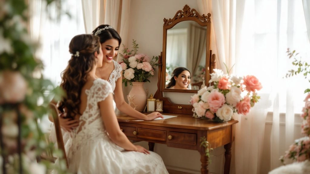 Mariée en robe blanche assise devant une coiffeuse en bois ancien, souriante en se préparant pour son mariage, entourée de fleurs élégantes et d’une lumière douce