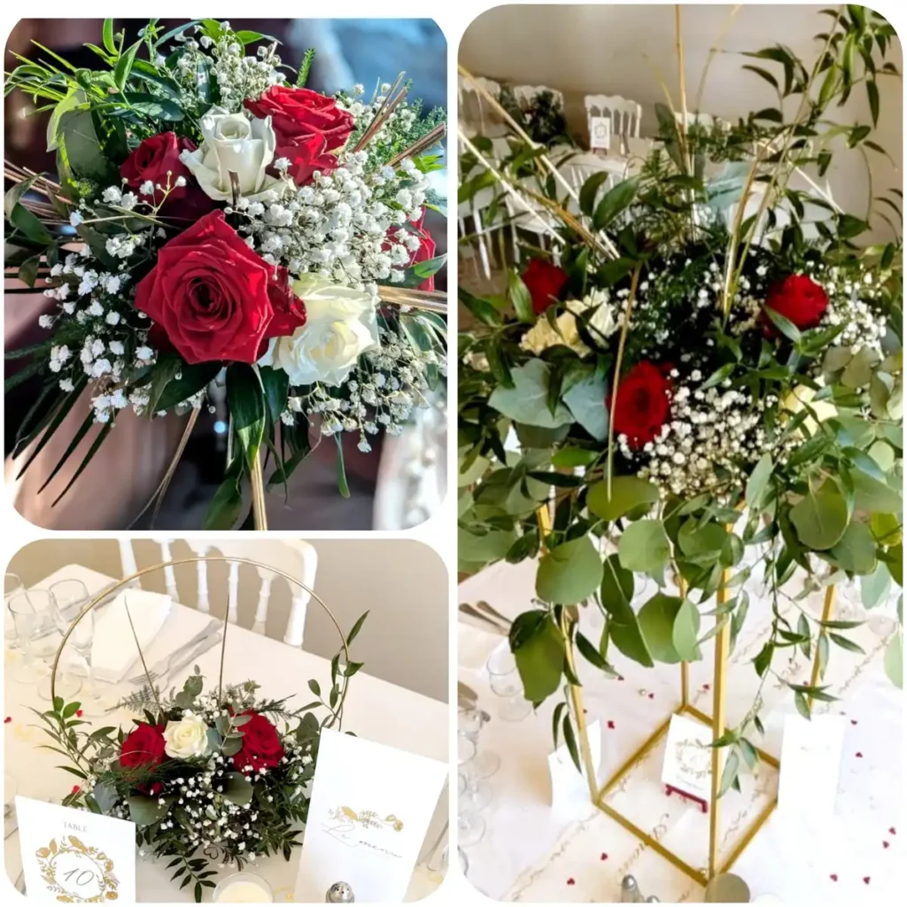 Compositions florales de mariage avec des roses rouges et blanches fraîches, ornées de gypsophile et de feuillage vert, dans un style romantique et élégant. Centre de table mariage sur un support doré avec une décoration florale abondante, parfait pour un thème d'amour en rouge et blanc. Disposition sur une table de réception avec des chaises blanches dans une salle de mariage située dans le Var.