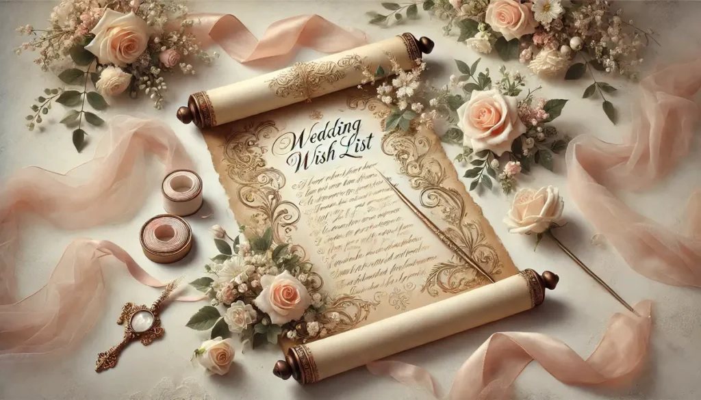 Image élégante centrée sur un parchemin déroulé avec une liste de vœux de mariage en calligraphie dorée et pastel. Autour du parchemin se trouvent des roses roses et blanches, une plume vintage, et des rubans, créant une ambiance romantique avec un fond floral flou.