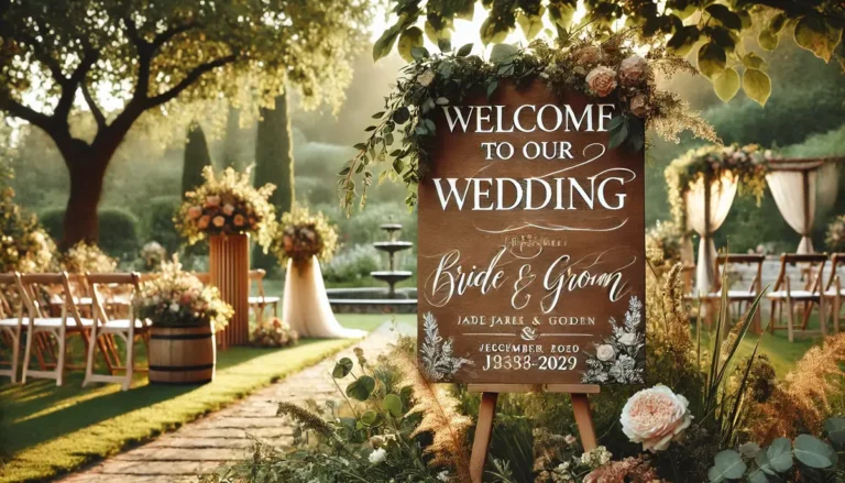 Image d'un panneau de bienvenue pour mariage en bois, placé dans un jardin élégant et entouré de fleurs. Le panneau affiche un message de bienvenue en anglais, avec les noms des mariés et la date du mariage. La scène, baignée par une lumière naturelle douce, crée une atmosphère chaleureuse et romantique, idéale pour un mariage en extérieur."