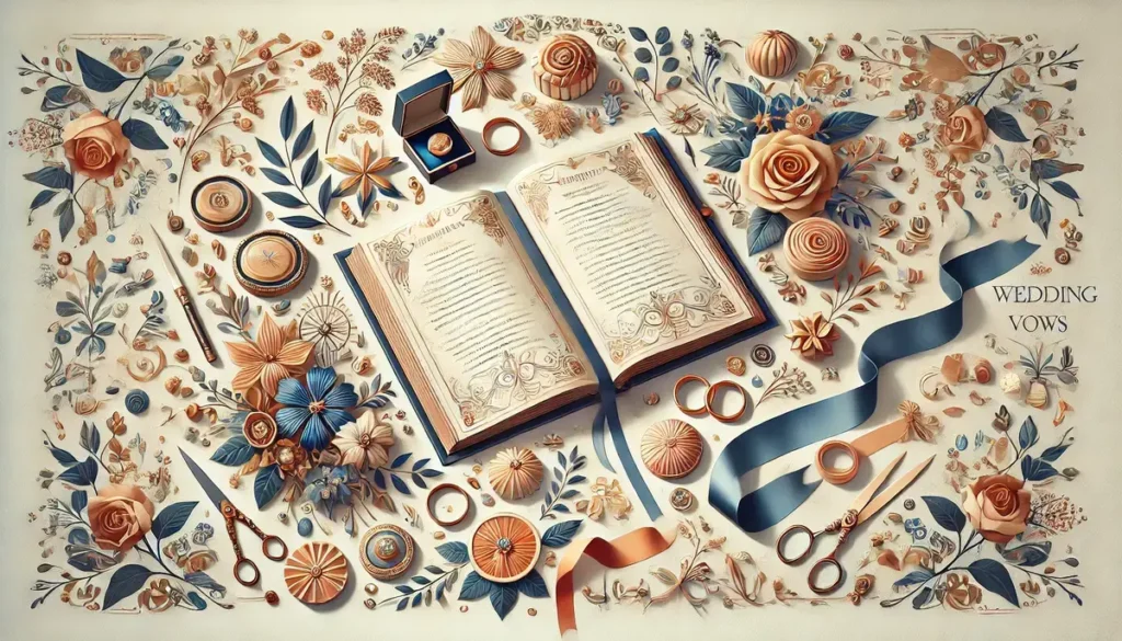 Image élégante mettant en avant la personnalisation des vœux de mariage, avec un livre ouvert entouré de fleurs, rubans et anneaux dans des tons bleu, orange et doré. L'image utilise une palette équilibrée de couleurs chaudes et froides, créant une atmosphère sereine et unique.