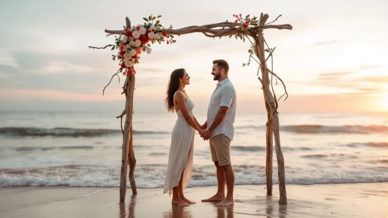 voeux de mariage : Couple en tenue décontractée échangeant un regard complice sous une arche bohème en bois flotté, décorée de fleurs rouges et blanches, sur une plage au coucher du soleil.