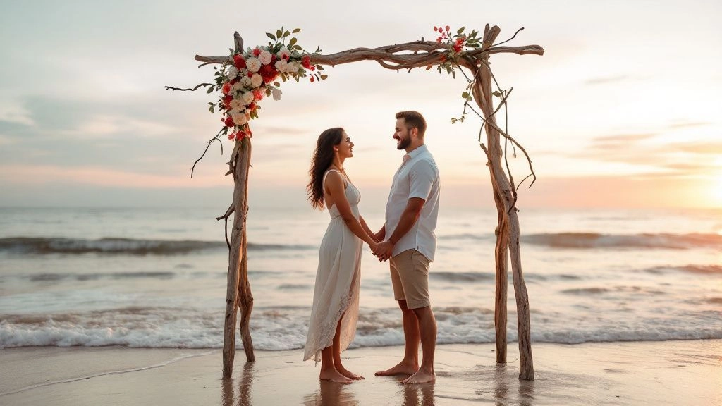voeux de mariage : Couple en tenue décontractée échangeant un regard complice sous une arche bohème en bois flotté, décorée de fleurs rouges et blanches, sur une plage au coucher du soleil.