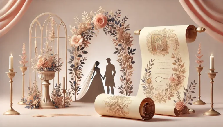 Scène romantique de mariage avec un couple en silhouette sous un arc fleuri, accompagné d'un parchemin déroulé avec une liste de vœux de mariage en calligraphie dorée. L'image est entourée de tons pastel et dorés, avec un fond de jardin floral légèrement flou.