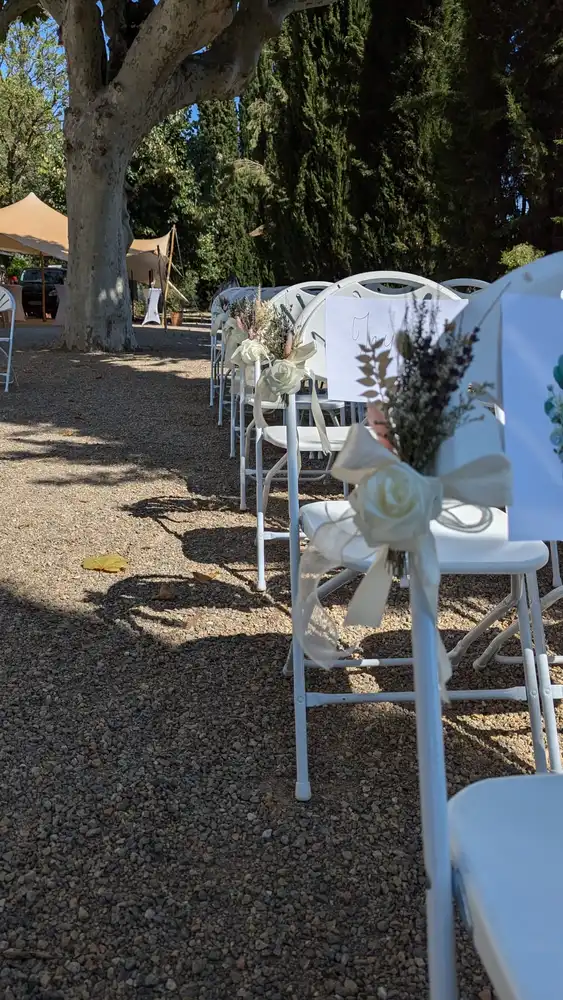 Chaises blanches décorées de rubans et gerbes de fleurs séchées, disposées en allée pour une cérémonie laïque en extérieur sous un grand arbre.