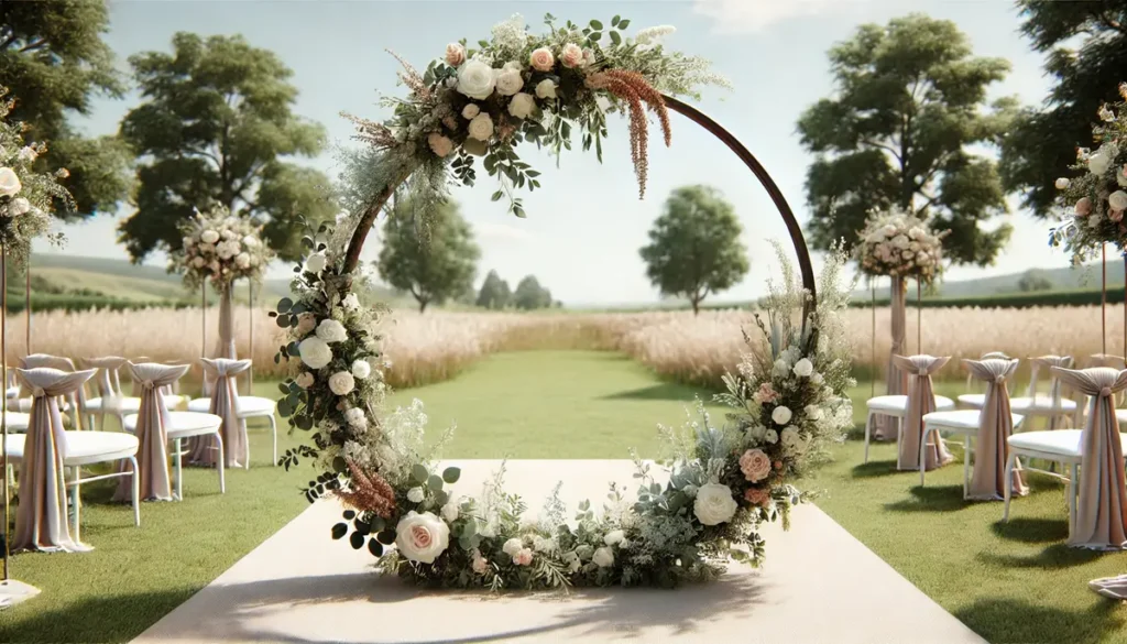 Arche de cérémonie de mariage ronde, située en extérieur avec une décoration minimaliste de fleurs et de verdure. Cette location d'arche de mariage dans le Var offre un cadre naturel et réaliste, avec des arbres et de l'herbe sous un ciel clair, idéale pour une cérémonie élégante et simple.