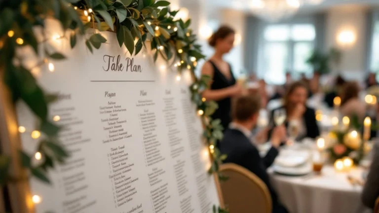 Plan de table de mariage joliment décoré de feuillage et de guirlandes lumineuses, affiché à l’entrée de la salle de réception pour guider les invités vers leur place.