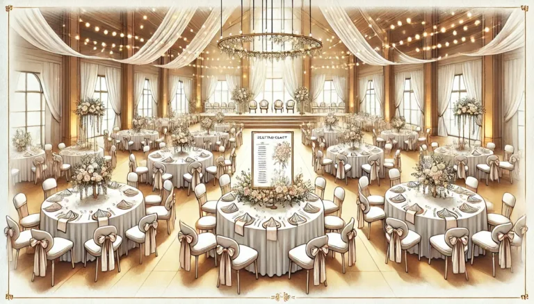 Une illustration élégante d'une salle de mariage luxueuse avec différentes dispositions de tables. La table d'honneur est disposée en U, entourée de tables rondes et carrées disposées en étoile autour de la piste de danse. Des centres de table floraux délicats ornent les tables, tandis que des chaises blanches avec des nœuds en satin sont alignées avec soin. À l'entrée, un panneau de plan de table personnalisé en bois avec de la calligraphie dorée accueille les invités. La salle est décorée dans des tons doux et romantiques, avec des guirlandes lumineuses suspendues et un éclairage chaleureux, créant une ambiance festive et sophistiquée dans un style bohème chic.