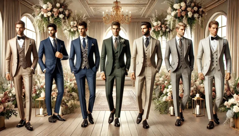 Illustration panoramique présentant une sélection de costumes de mariage pour hommes tendance en 2025. L'image montre divers styles élégants : costume trois pièces bleu marine, blazer vert forêt avec pantalon beige, costume beige moderne avec cravate à motifs, smoking noir avec nœud papillon, et costume en lin gris clair. Le décor est un lieu de mariage haut de gamme avec des arrangements floraux et une lumière naturelle douce, créant une ambiance chic et raffinée.