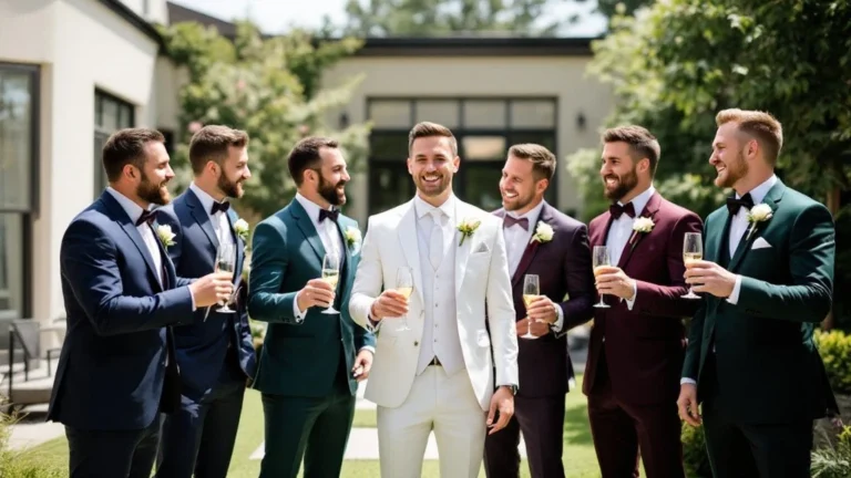 costume mariage homme : Le marié en costume blanc entouré de ses témoins et amis élégamment habillés, trinquant ensemble avant la cérémonie de mariage dans un cadre extérieur chic.