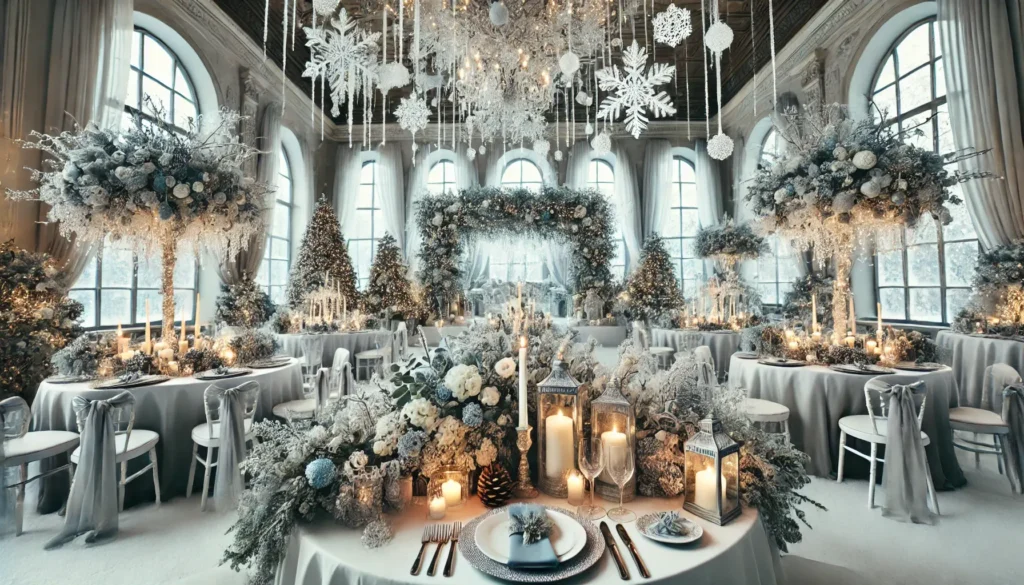 Scène magnifique d’un mariage hivernal mettant en avant des idées de thèmes et décorations. Une salle de réception élégamment décorée présente des centres de table floraux givrés, des ornements en forme de flocons de neige, et une ambiance chaleureuse éclairée à la bougie. Les tables, recouvertes de nappes blanches et argentées, sont embellies par des verres en cristal et des porte-noms en pommes de pin. Une grande arche ornée de lumières féeriques, de glaçons et de feuillages hivernaux ajoute une touche magique. En arrière-plan, un paysage enneigé visible à travers de grandes fenêtres complète l’atmosphère féérique.