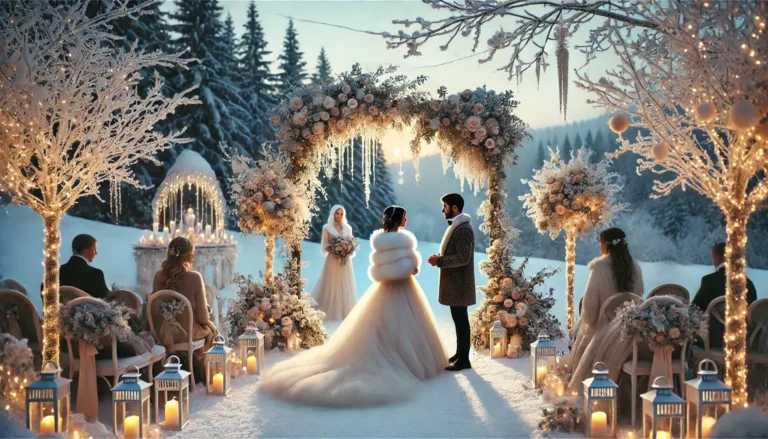 Un magnifique mariage d'hiver dans un décor enneigé. La scène montre un couple échangeant leurs vœux sous une arche décorée de feuillage givré et de guirlandes lumineuses. La mariée porte une robe à manches longues avec une étole en fausse fourrure, et le marié, un élégant costume avec un manteau. En arrière-plan, un espace de réception chaleureux illumine l'ambiance féérique, entouré de neige scintillante et d'une lumière crépusculaire magique.