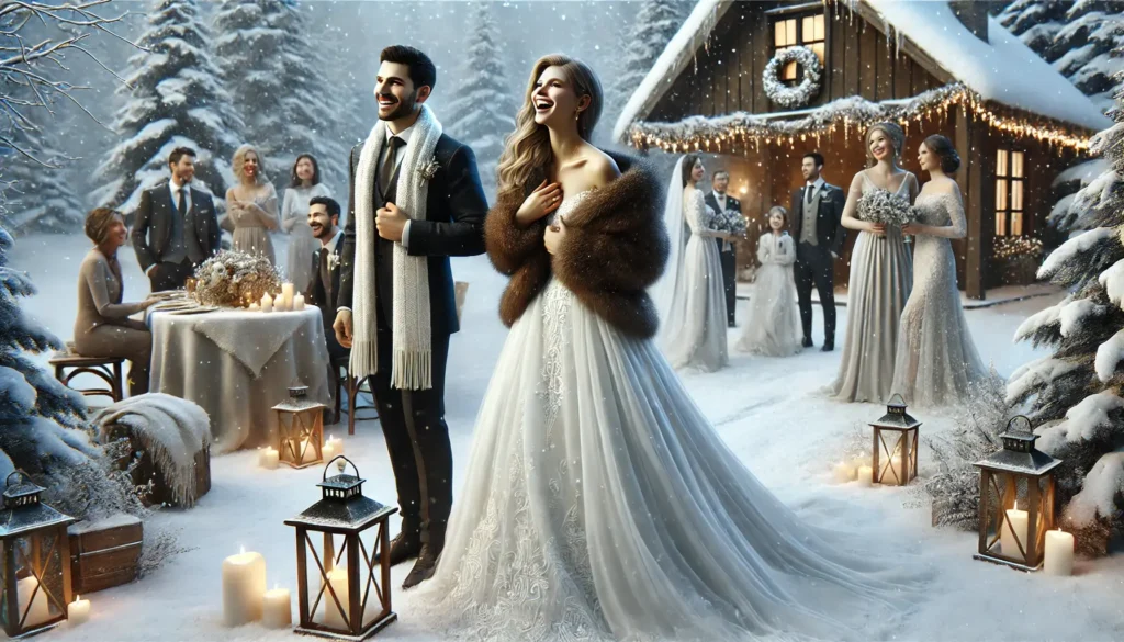 Scène réaliste d'un mariage en hiver avec un couple debout dans un paysage enneigé. La mariée porte une robe blanche à manches longues avec des détails en dentelle et une étole en fausse fourrure, tandis que le marié est habillé d’un costume foncé avec une écharpe. Ils sont entourés d'invités en tenues élégantes et chaudes. L'arrière-plan montre des arbres enneigés et un chalet en bois, avec des lanternes diffusant une lumière chaleureuse, créant une ambiance magique et intime.