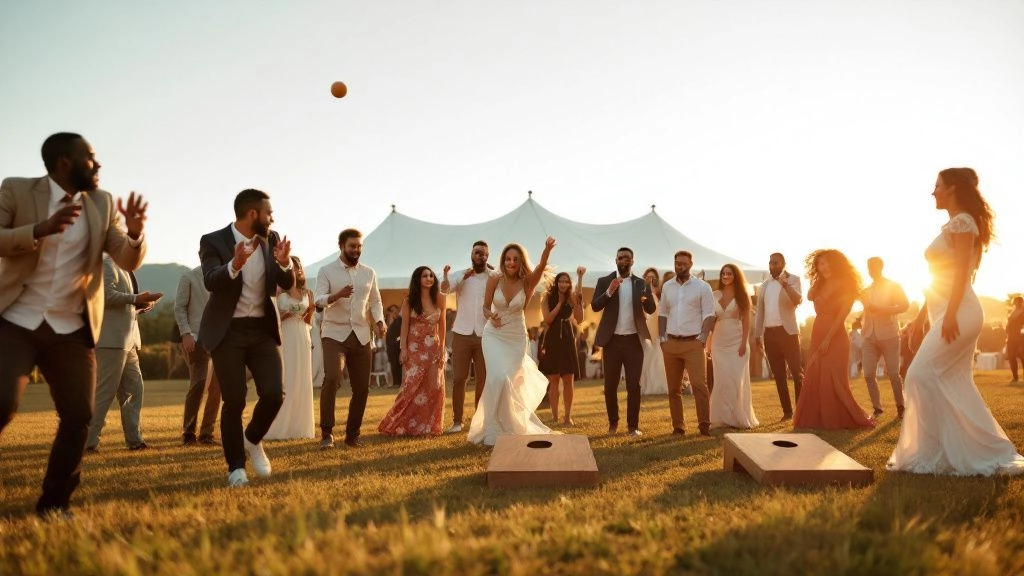 Animation de mariage : Invités et mariés profitant de jeux en plein air lors d’un mariage champêtre, entourés d’une ambiance festive et chaleureuse au coucher du soleil