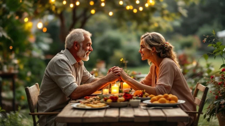 Année de mariage : Couple complice partageant un dîner romantique en extérieur, sous des lumières guinguette, dans un cadre naturel et chaleureux.