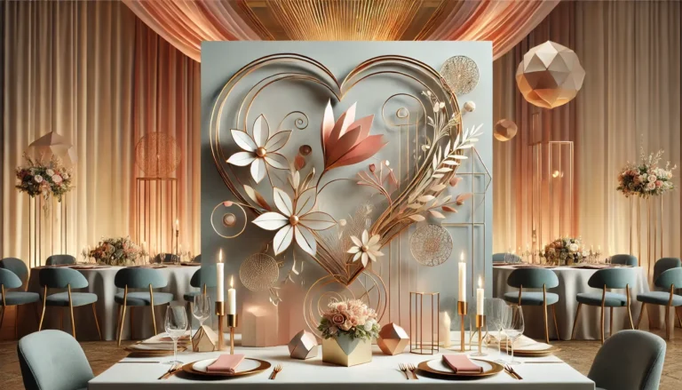 Illustration moderne et romantique représentant une décoration en forme de cœur, idéale pour célébrer chaque année de mariage dans une ambiance intime et chaleureuse.