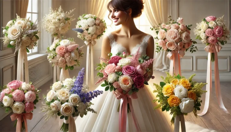 Image réaliste d’une mariée tenant plusieurs bouquets de styles et couleurs variés. Les bouquets incluent des designs ronds, en cascade et asymétriques, ornés de roses blanches, blush, rouges, lavandes et jaunes éclatants, attachés avec des rubans de soie. La mariée, vêtue d’une élégante robe de mariage, sourit dans un cadre romantique et lumineux. L’arrière-plan flouté met en valeur la diversité et la beauté des bouquets, illustrant les tendances mariage 2025.