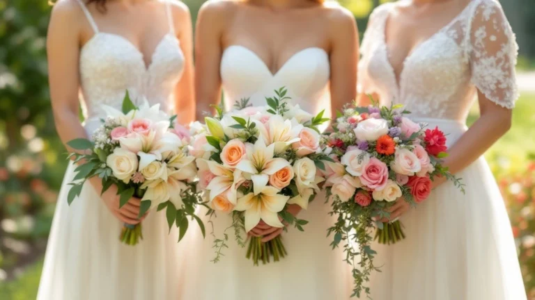 Trois mariées en robes blanches tenant des bouquets de fleurs élégants, illustrant différents styles de compositions florales pour un mariage.