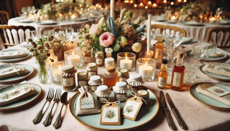 Cadeaux invités mariage : Table de mariage élégante avec des petits cadeaux pour invités disposés sur les assiettes. Les présents comprennent des pots de miel, des sachets de graines, des bougies personnalisées et des mignonnettes de liqueur. La table est décorée dans un style rustique avec des fleurs, des cartes de placement et un éclairage doux, créant une ambiance chaleureuse et raffinée.