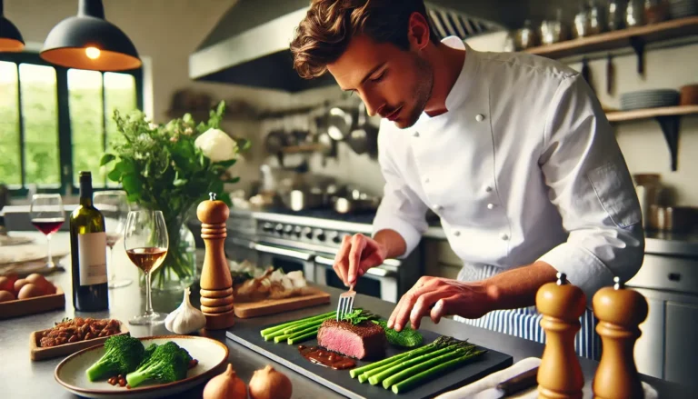 Chef cuisinier en cuisine professionnelle, préparant une pièce de viande raffinée accompagnée de légumes frais, dans une ambiance chaleureuse et élégante pour un mariage.