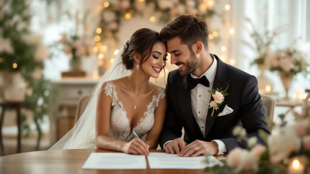 Contrat de mariage : Jeunes mariés souriants signant leur contrat de mariage dans un décor romantique, entourés de fleurs et de lumières tamisées.