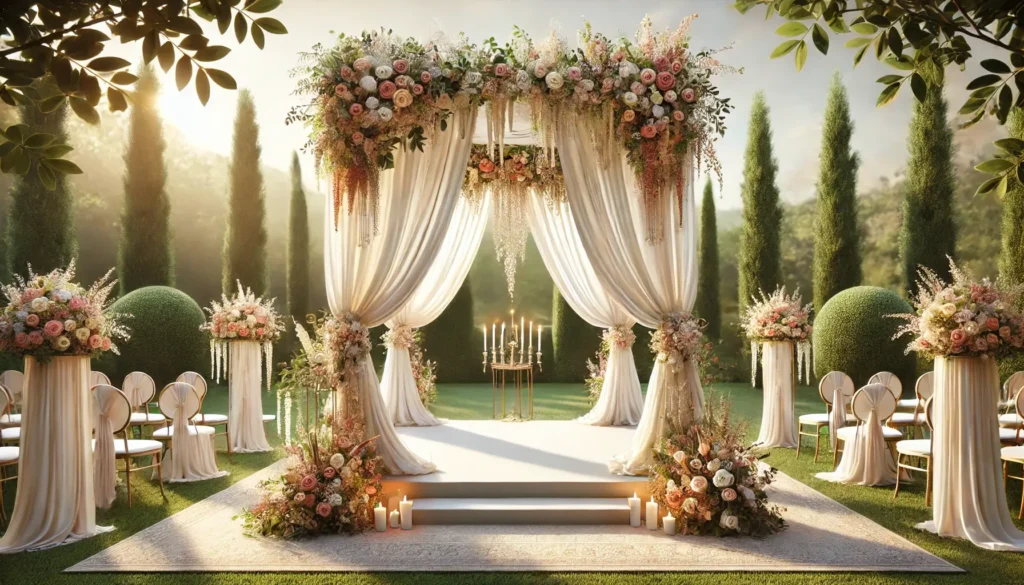 Houppa de mariage élégante en extérieur, mesurant environ 3x3 mètres, ornée d’un voilage blanc fluide et de magnifiques compositions florales aux couleurs tendances de 2025. Installée dans un jardin luxuriant, elle crée une ambiance romantique et raffinée sous une lumière naturelle chaleureuse.