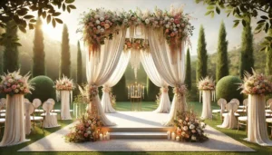 Houppa de mariage élégante en extérieur, mesurant environ 3x3 mètres, ornée d’un voilage blanc fluide et de magnifiques compositions florales aux couleurs tendances de 2025. Installée dans un jardin luxuriant, elle crée une ambiance romantique et raffinée sous une lumière naturelle chaleureuse.