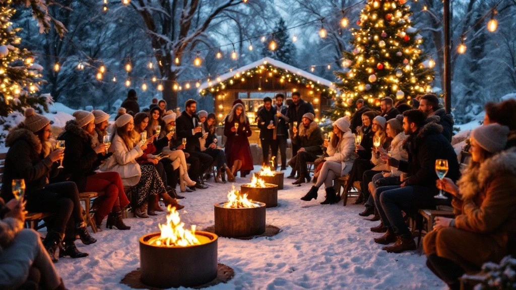 mariage en hiver : Réception de mariage en hiver dans un cadre féerique, avec des invités réunis autour de braseros sous des guirlandes lumineuses, entourés de neige et d’un sapin décoré