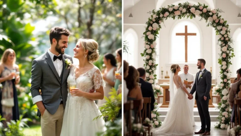 Mariage laique : Montage photo illustrant la différence entre un mariage laïque en plein air et un mariage religieux dans une église, mettant en scène un couple heureux dans chaque cérémonie.