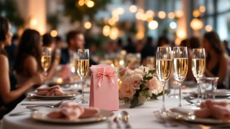 cadeaux invités : Table élégante de réception de mariage décorée avec des verres de champagne, une boîte cadeau rose pour les invités et un centre de table fleuri, dans une ambiance chaleureuse et festive.