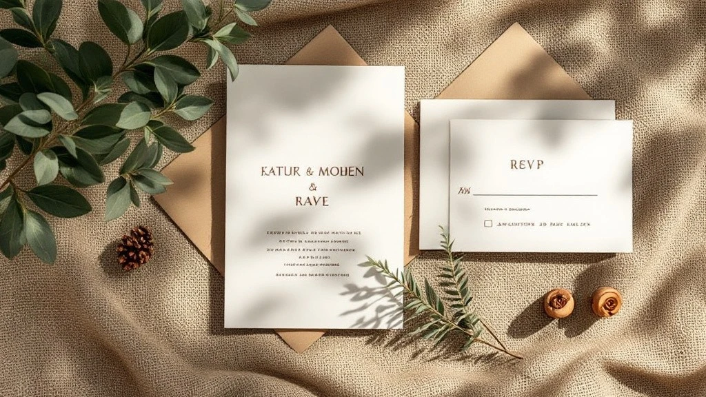 Faire-part de mariage éco-responsable en papier recyclé, accompagné d’une enveloppe assortie et d’une carte RSVP minimaliste. L’ensemble est présenté sur un tissu en lin naturel, avec des éléments végétaux et des pommes de pin, évoquant une approche durable et respectueuse de l’environnement pour un mariage authentique et éthique.